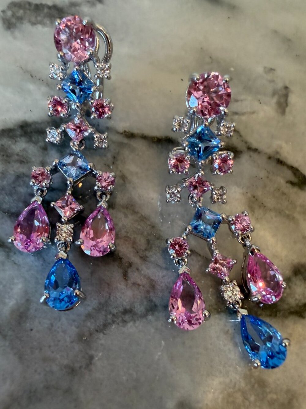 Sterling 925 Multi-Color Simulated Pink & Blue Sapphire Princess Earrings